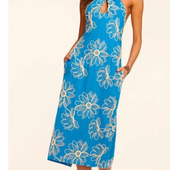 Ramy Brook Aiden summer resort halter Blue Floral Midi linen blend dress 2 NEW - Picture 4 of 5